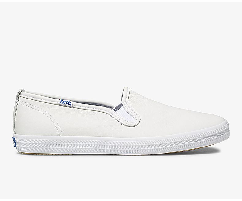 Keds Womens White Slip On Shoes - Keds Shoes Official Site Champion Leather Slip On 048ZILBYD